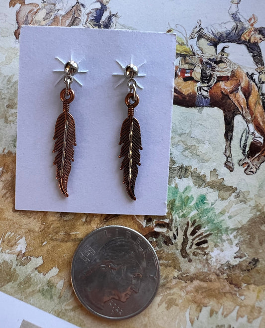 Copper & Sterling Silver Feather Post Dangle Earrings 1.5”