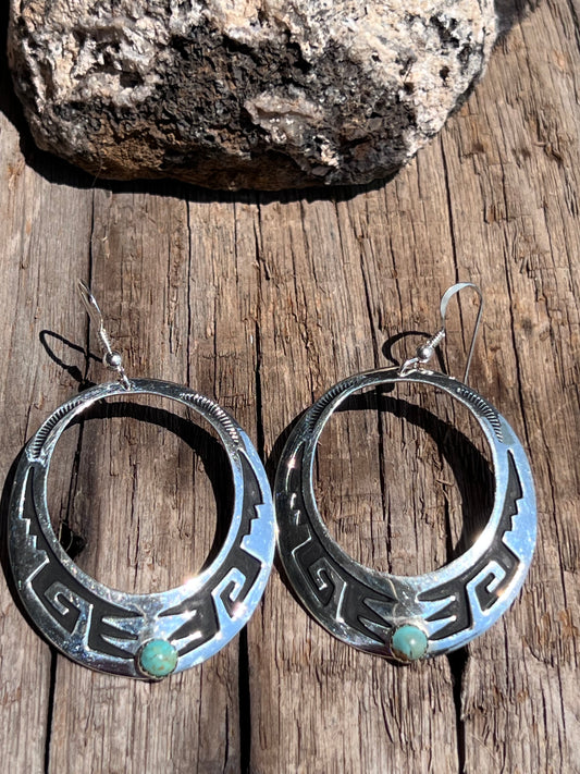 Navajo Handmade by Rose Singer Sterling & Turquoise Hoop Dangle Earrings