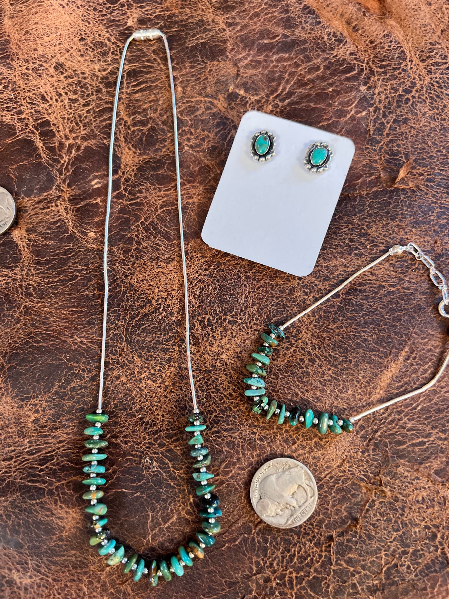 Sterling Liquid Silver & Tyrone Turquoise Necklace, Bracelet & Earring Set