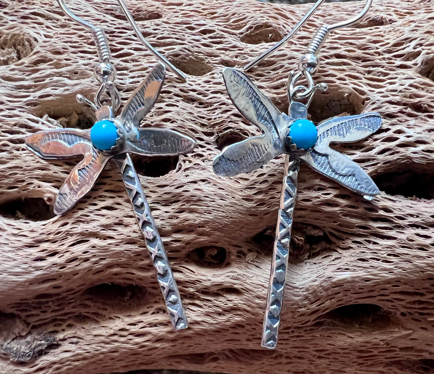 Native American Handmade Sterling & Turquoise Dragon Fly Dangle Earrings 3”