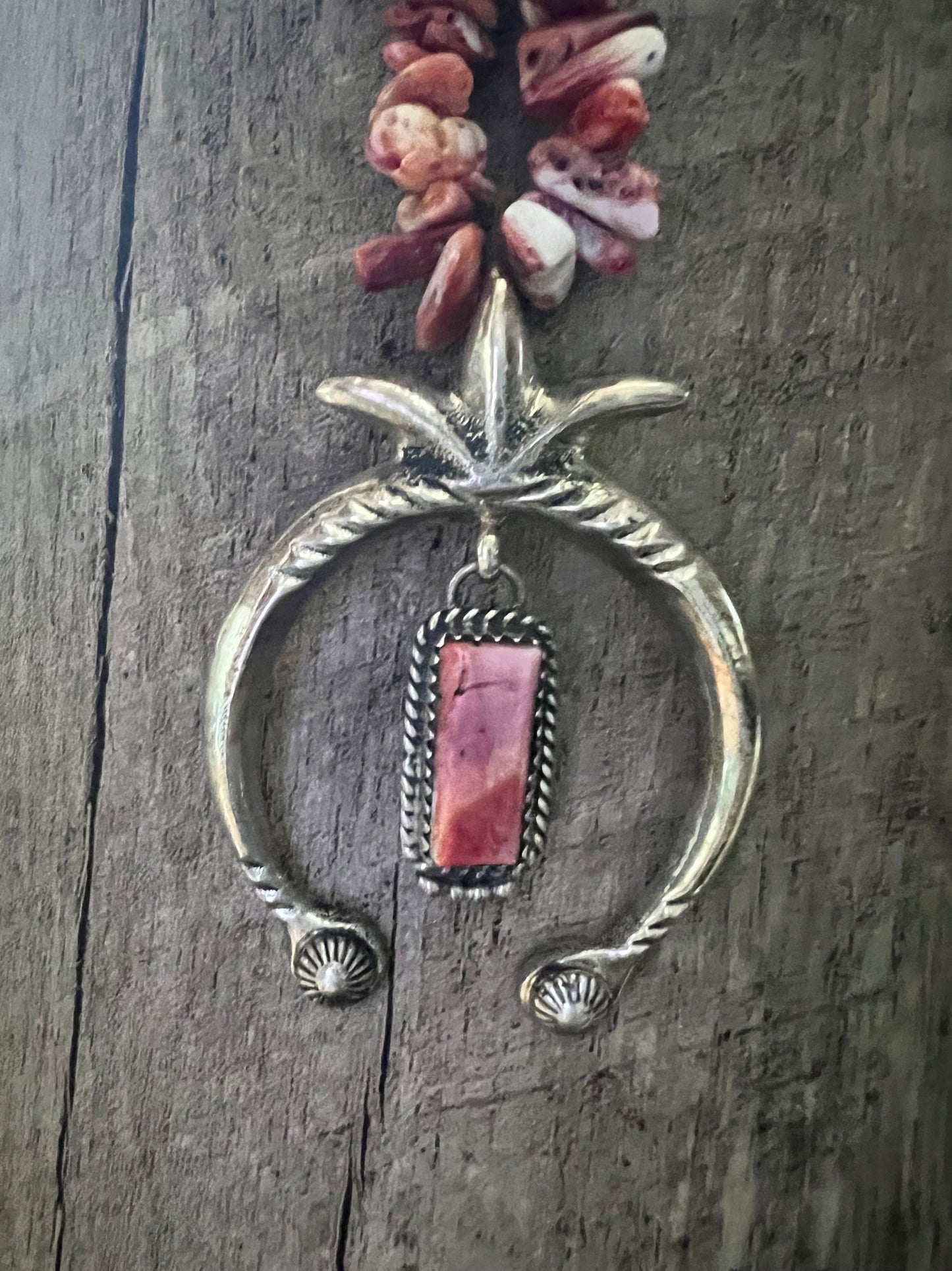 Vintage Navajo Handmade by Mary Cayatineto, Sunset Spiny Oyster & Cast Sterling Naja Pendant on a Spiny Chip Necklace 18”