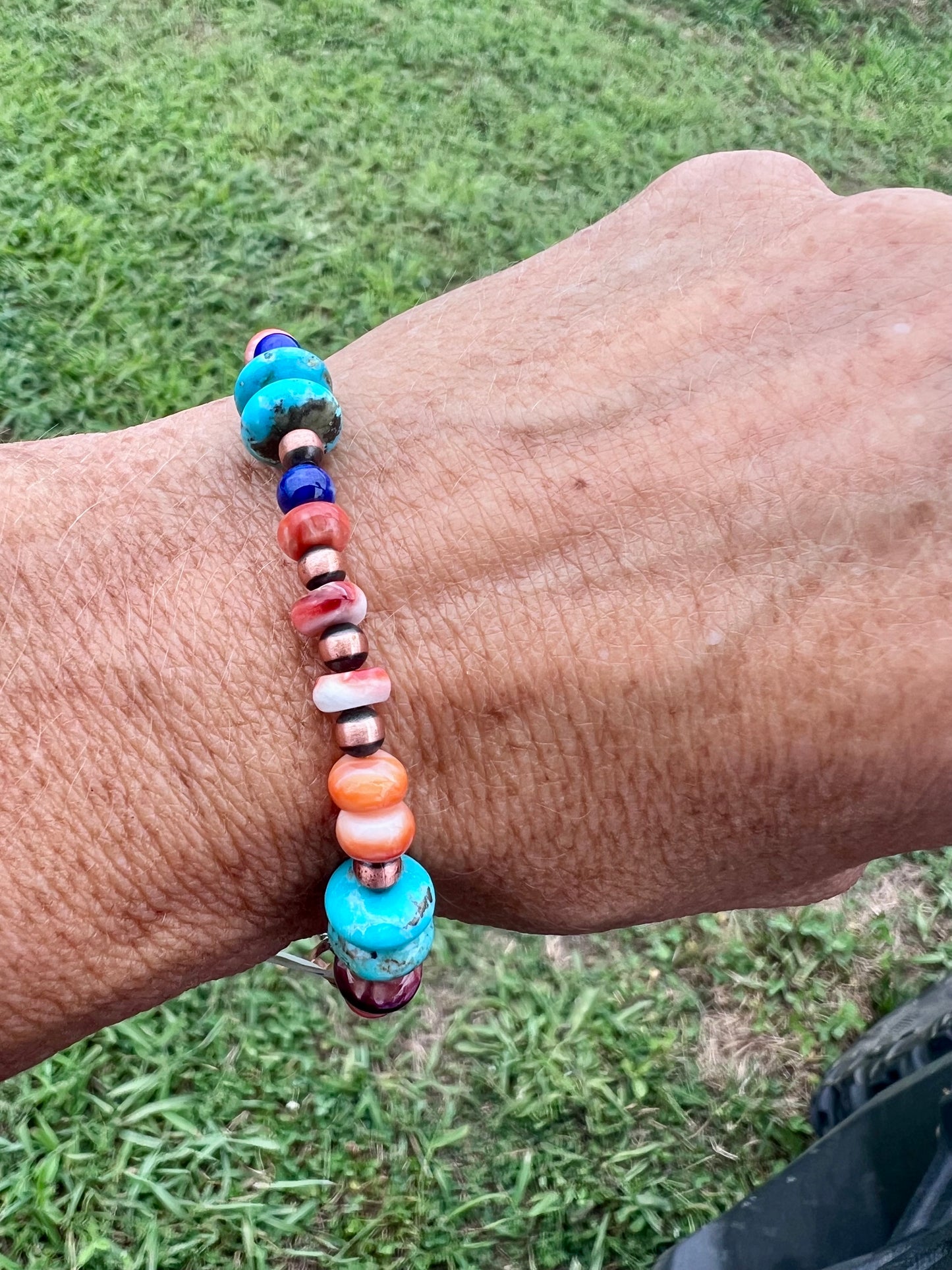 Copper, Orange/Red/Purple Spiny, Turquoise & Lapis Beaded 4-10mm Bracelet Sz 7-8”