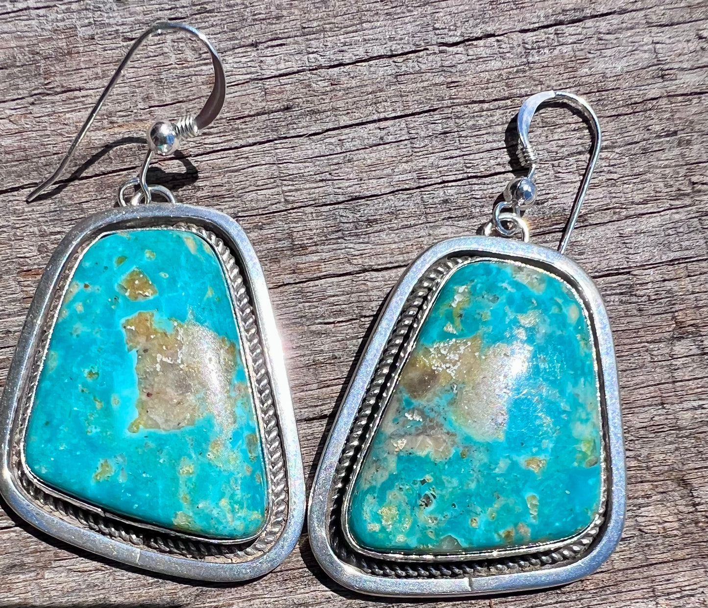 Native American Handmade Sterling & Fox Turquoise Dangle Earrings 2.25”