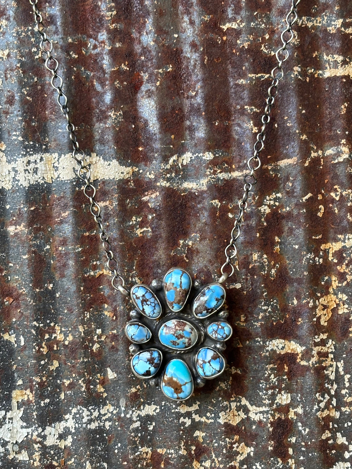 Native Handmade by Ella Peter Golden Hills Turquoise & Sterling Silver Cluster Pendant Necklace 18”