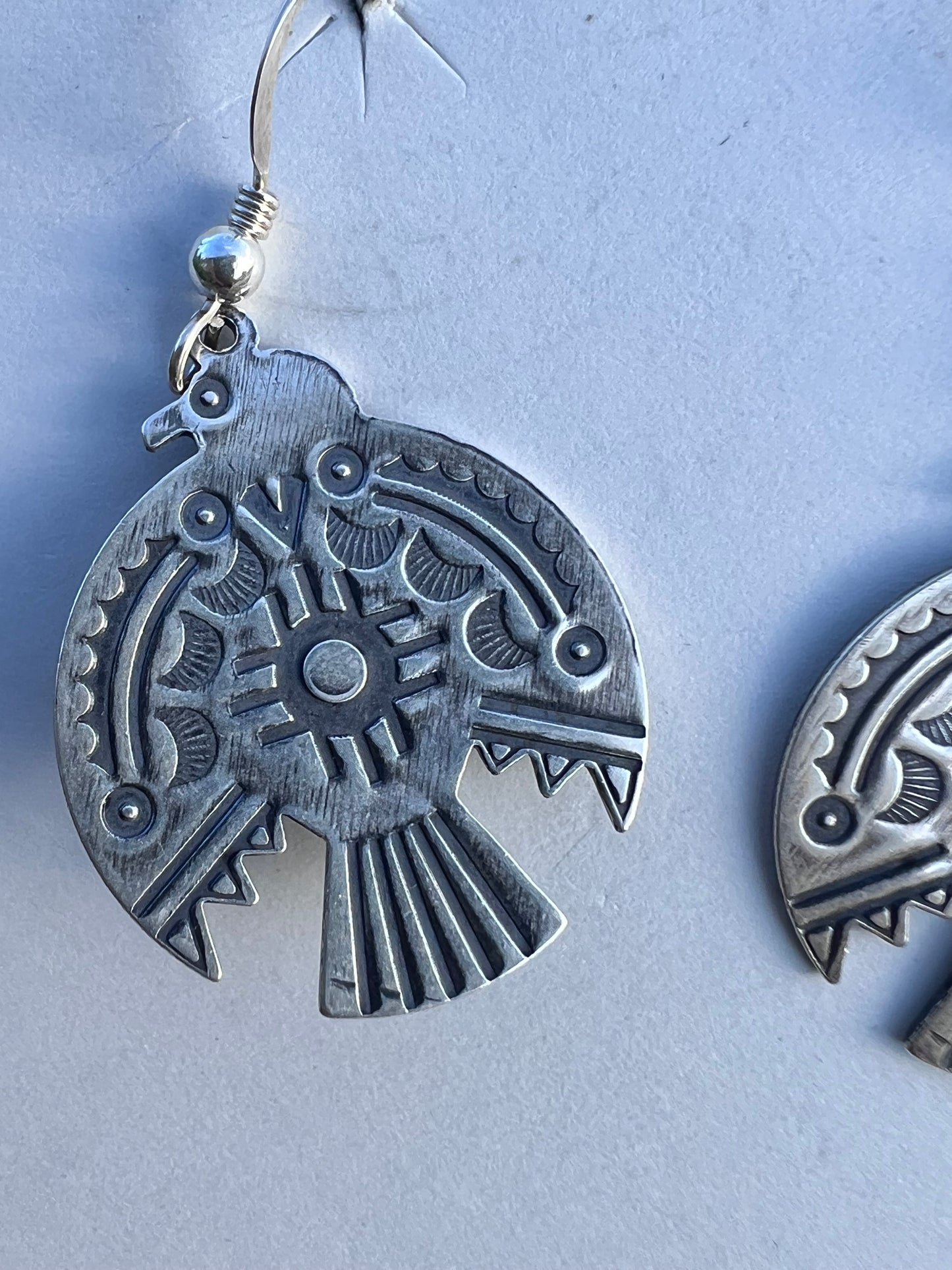 Native American Handmade Sterling Silver Stamped Thunderbird Dangle Earrings 1.75”