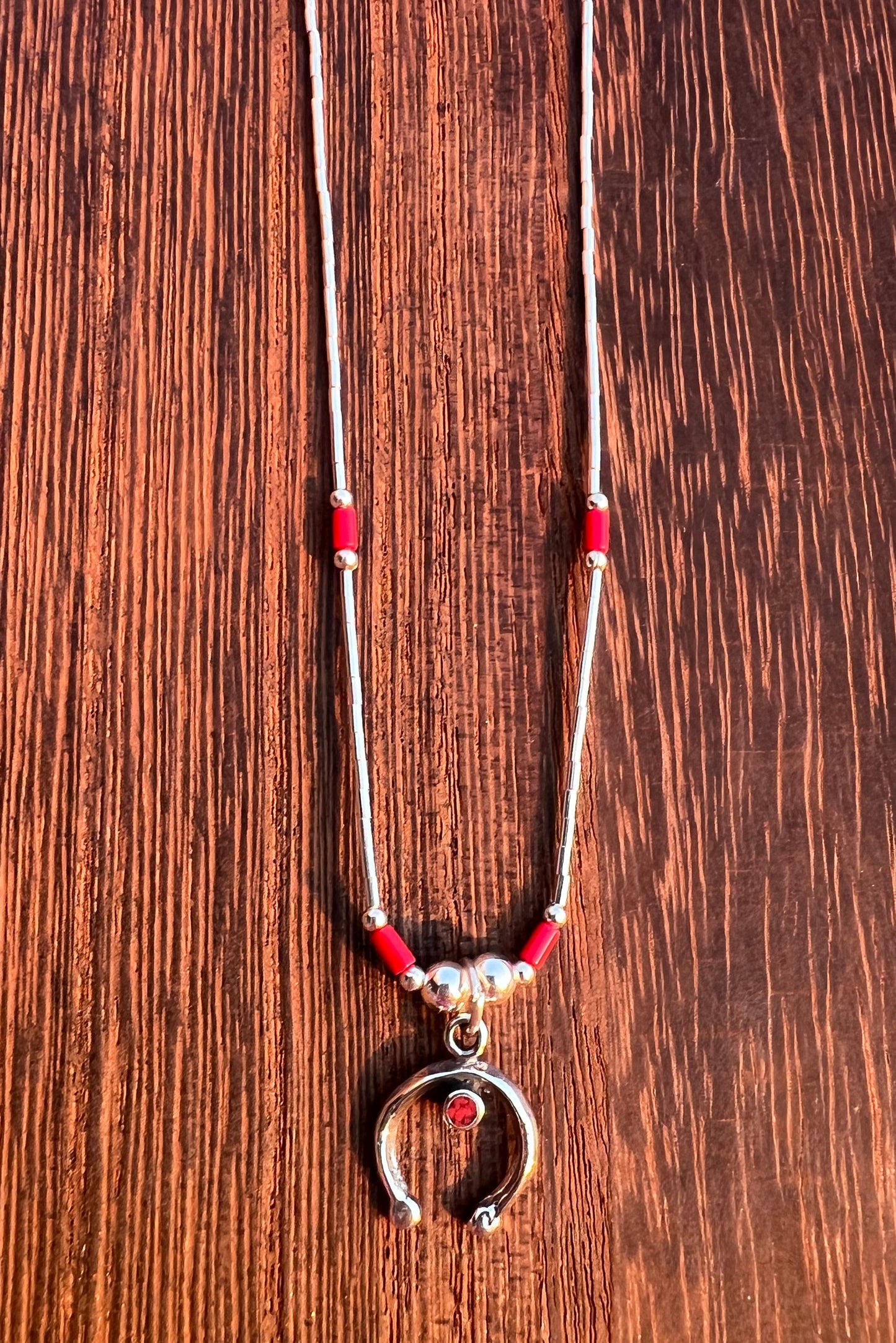 Sterling Liquid Silver & Red Coral Necklace with Naja Pendant 16”
