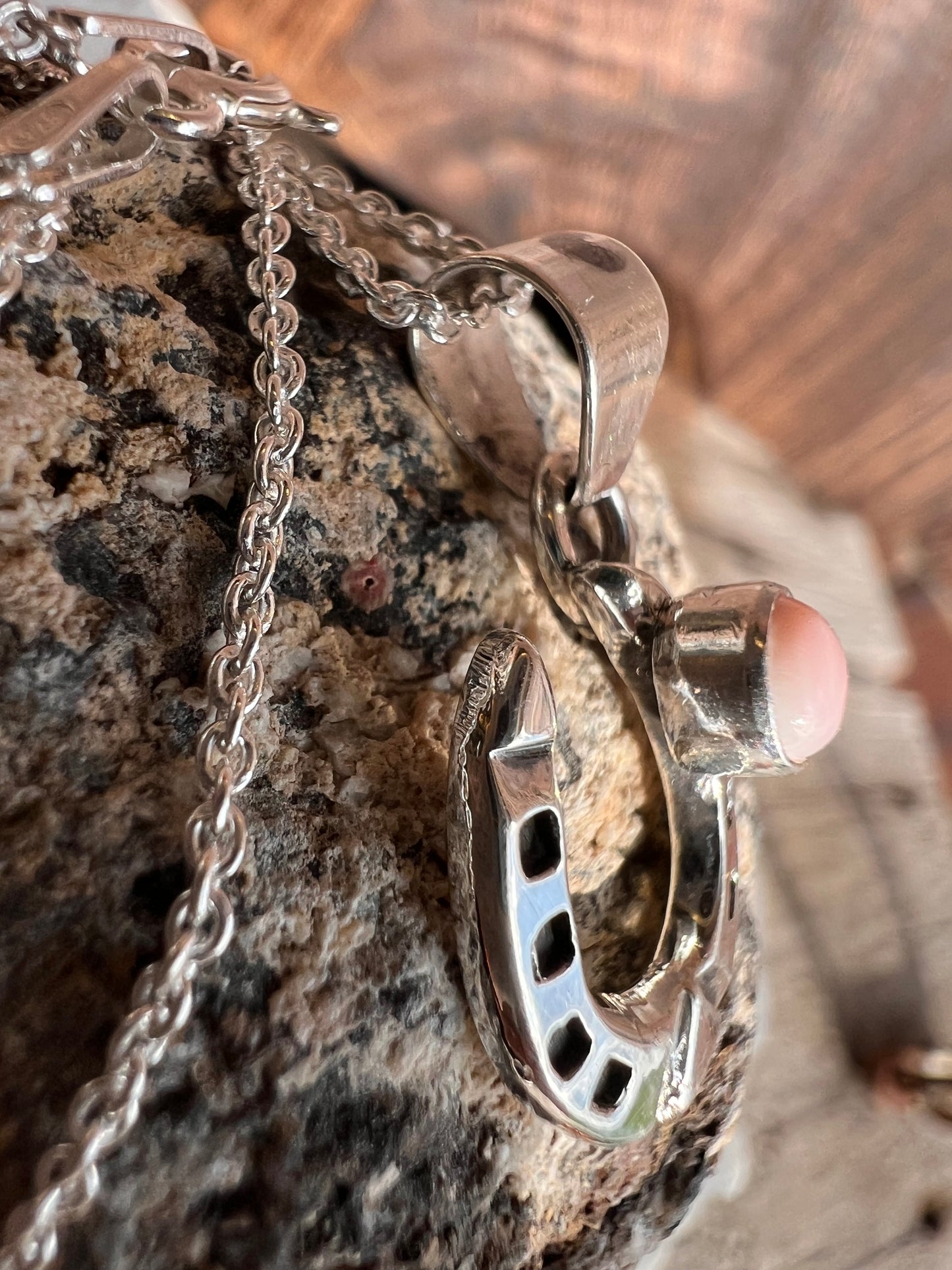 Handmade Pink Conch Shell Horse Shoe Pendant on a Sterling Rolo Chain Necklace 18”