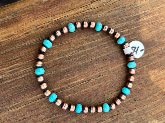 Copper & Campitos Turquoise Bead Stretch Bracelet Sz 7