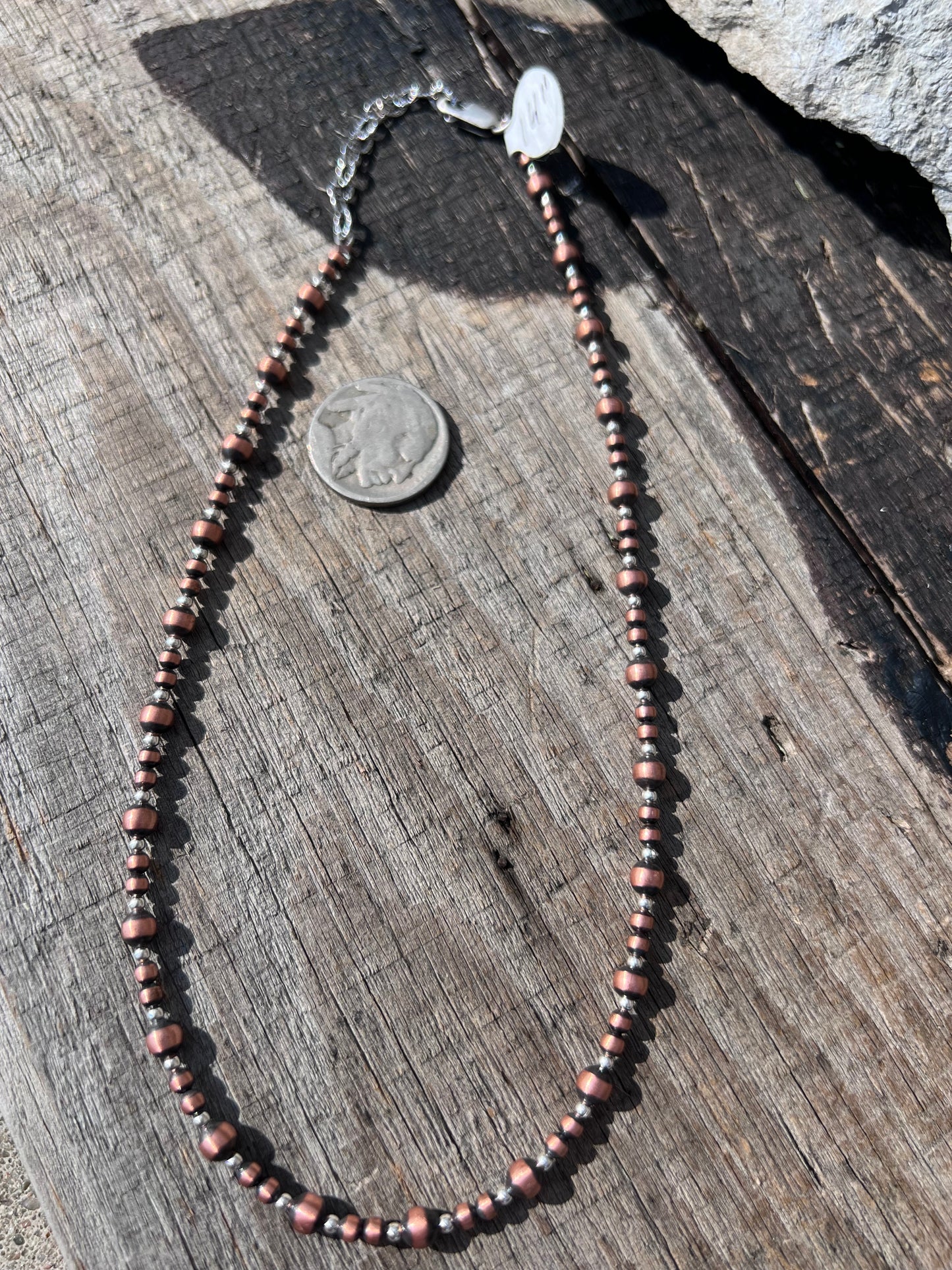 Sterling & Oxidized Copper Bead 2-4mm Necklace 14-15.5” & Bracelet 7-7.5” Set