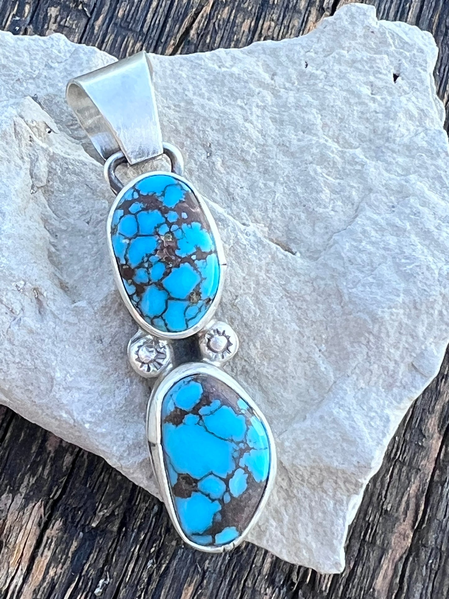 Native American Handmade by Danny Henio- Sterling & Egyptian Turquoise 2-stone Pendant 2”