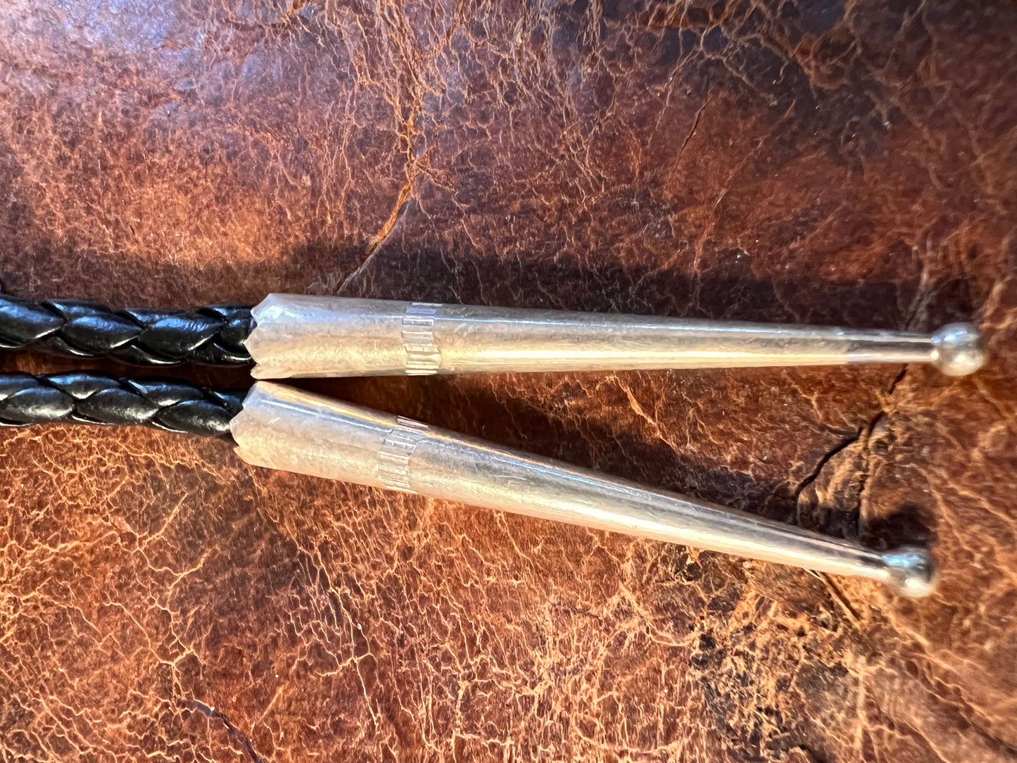 Handmade White Buffalo and Sterling with Black Braided Leather Bolo Necklace with Sterling Tips