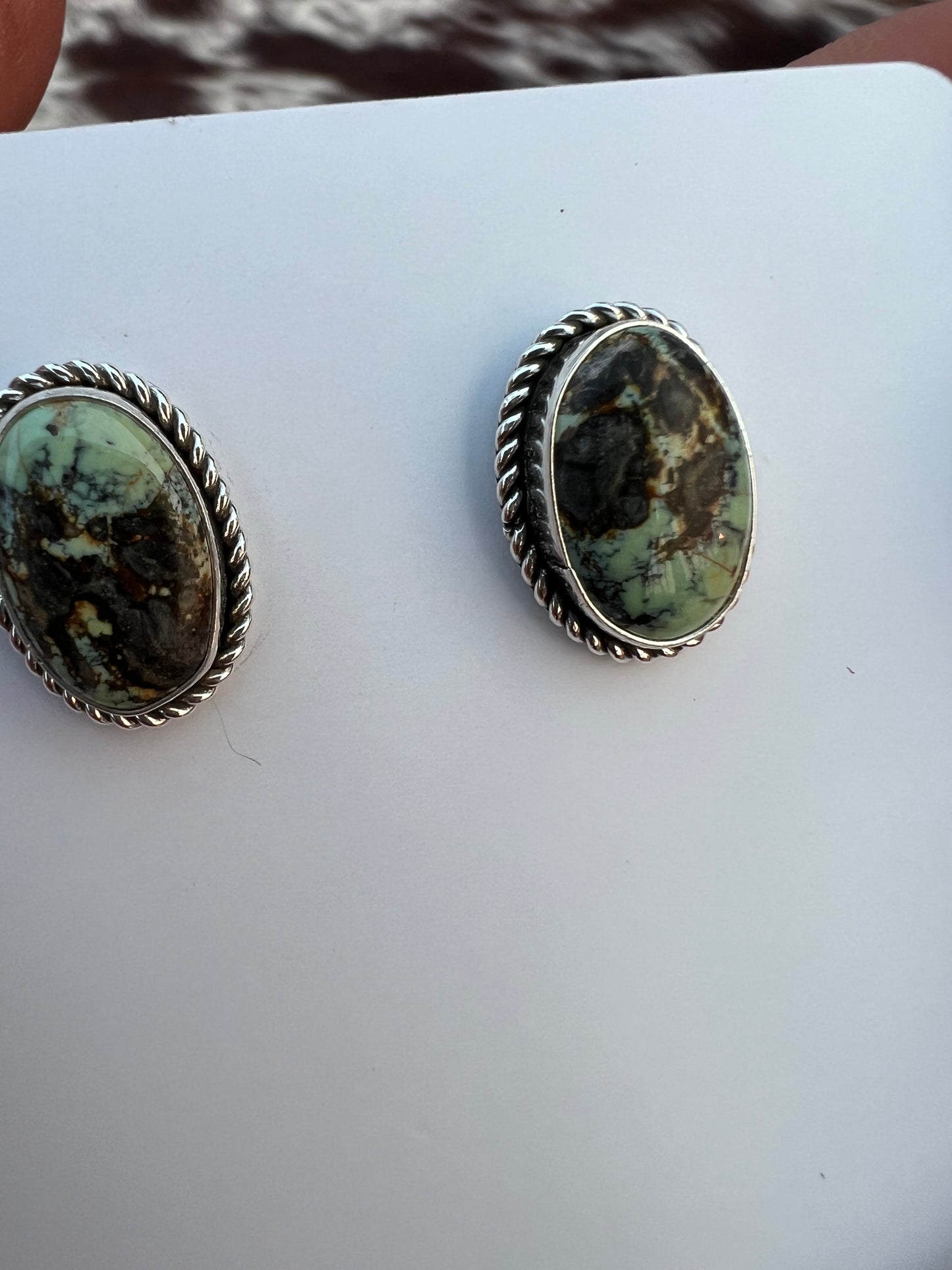 Native American Handmade Sterling & New Lander Variscite Post Earrings .6”x.4”