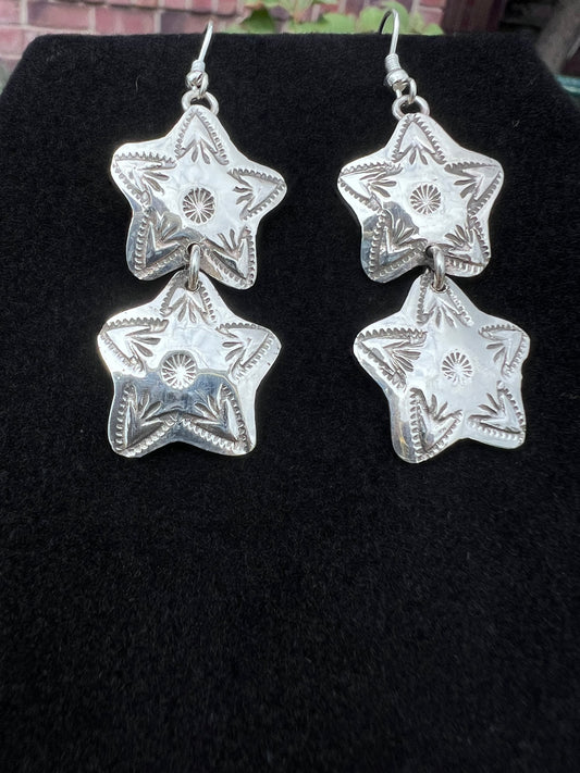 Native American Handmade by S. Willie. Sterling Star Dangle Earrings 2 1/8” long