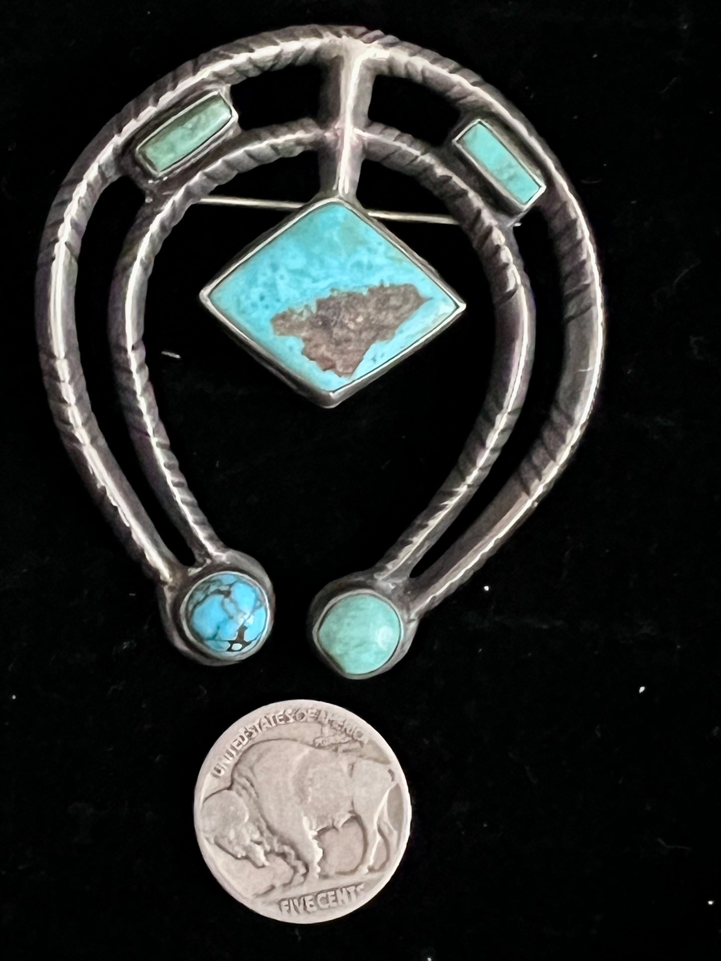 Vintage Navajo Handmade Sterling & Turquoise Naja Pin