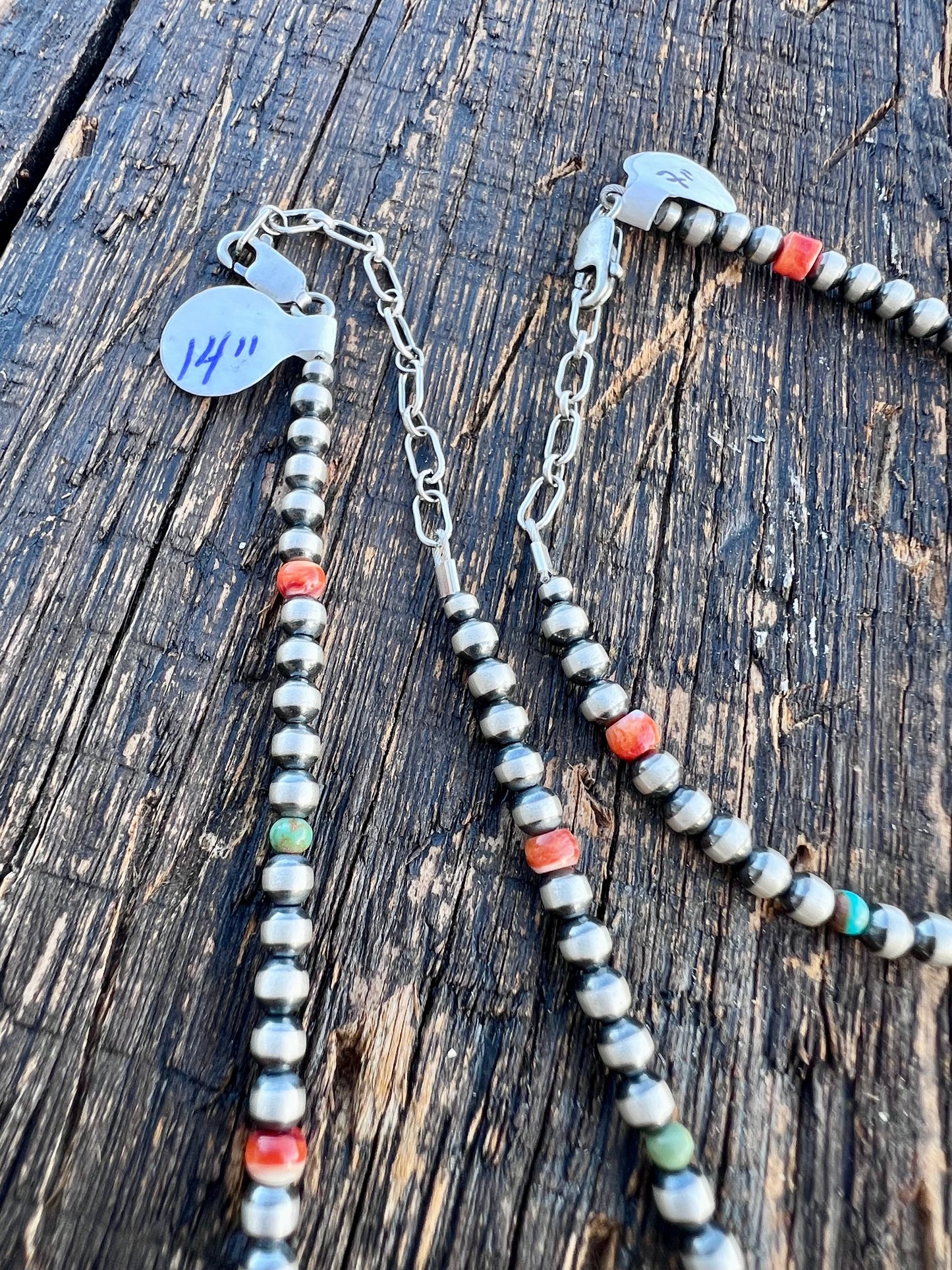 Sterling Silver, Orange Spiney & Turquoise 4mm Bead 14-16” Necklace & 7” Bracelet Set
