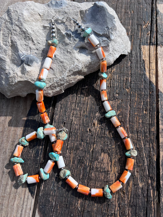 Handmade Barrel Bead Orange Spiney w/Chunky Campitos Turquoise Nugget & Sterling Beads Bracelet 7 3/4” & Necklace 20”