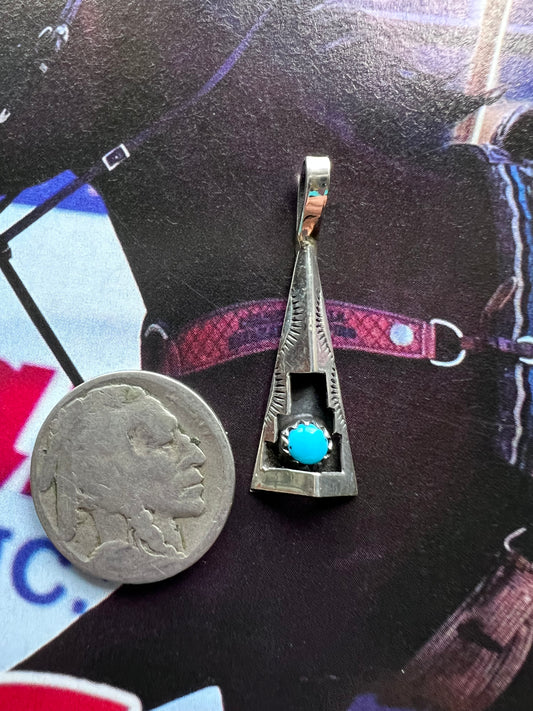Native American Handmade Sterling & Turquoise Shadowbox Tepee Pendant 1.3” x .4”