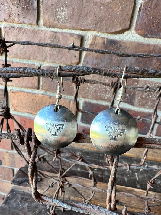 Navajo Handmade by Marietta Kellywood. Sterling Silver Pillow Pearl Thunderbird Stamped Earrings 1.5”