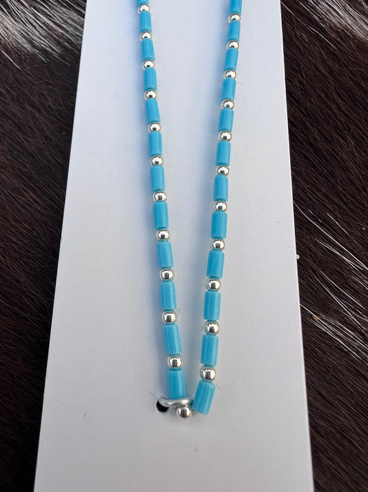Sterling 1mm Bead & Kingman Turquoise 2mm Bead w/ Barrel Clasp 16” Length