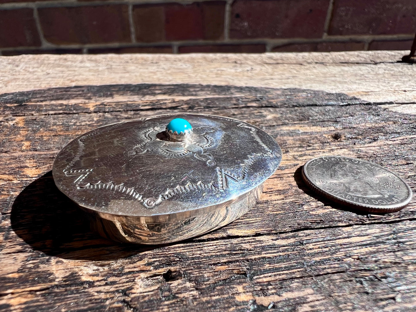 Sterling Silver w/Turquoise and Stamped Oval Pill/Trinket Box Navajo Handmade by Jeffery Castillo