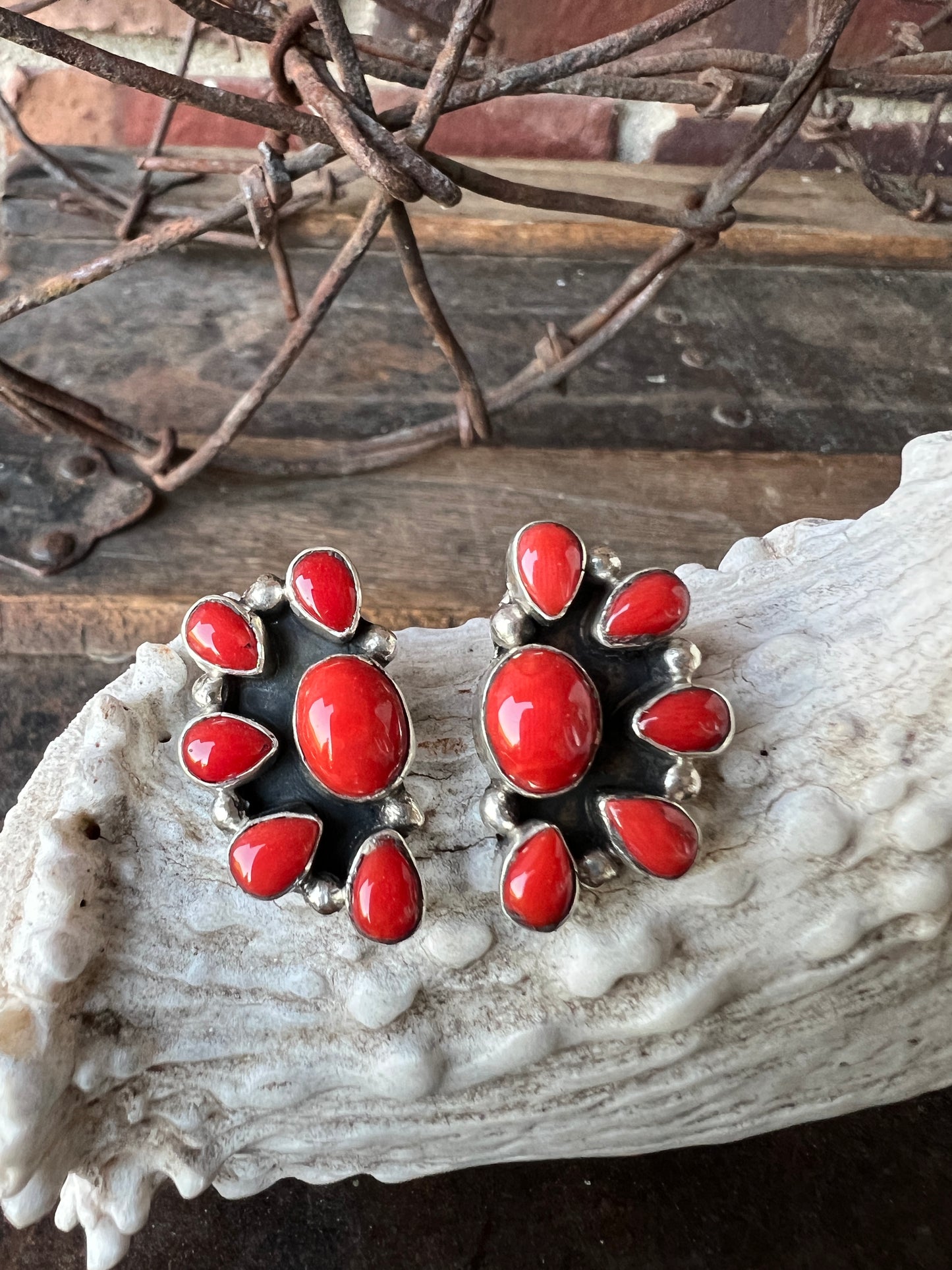 Navajo Handmade by Randall Endito!! Gorgeous Red Mediterranean Coral 5-stone Sterling Silver Half-cluster Post Earrings