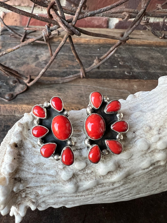 Navajo Handmade by Randall Endito!! Gorgeous Red Mediterranean Coral 5-stone Sterling Silver Half-cluster Post Earrings