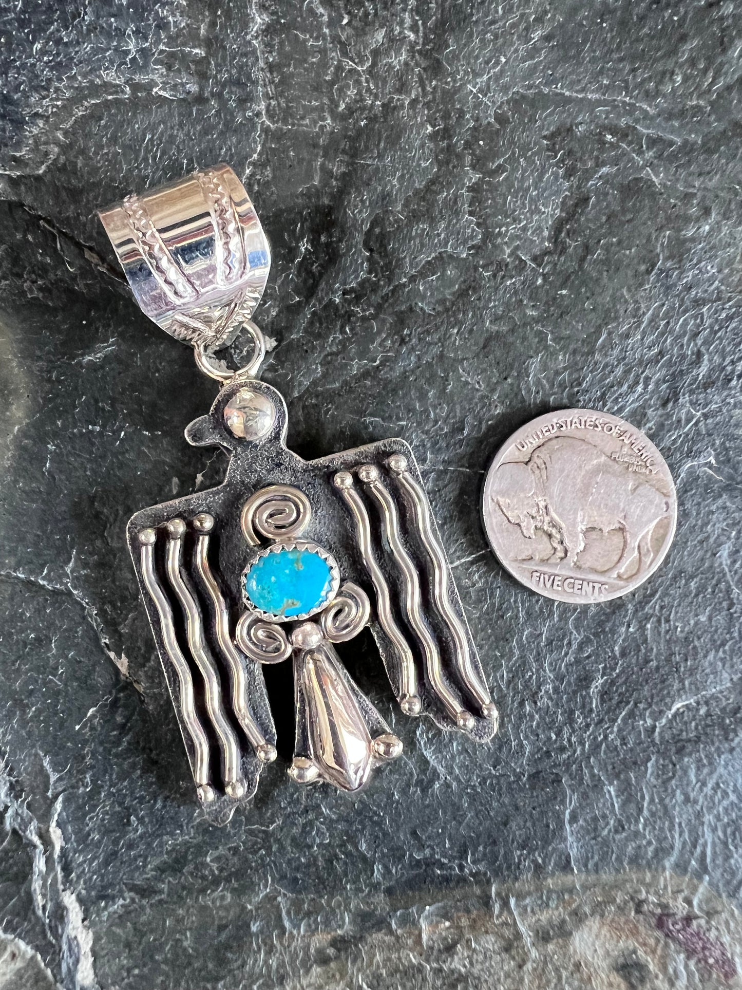 Native American Handmade Sterling Silver 2-tone & Turquoise Thunderbird Pendant 2.75”x 1.25”