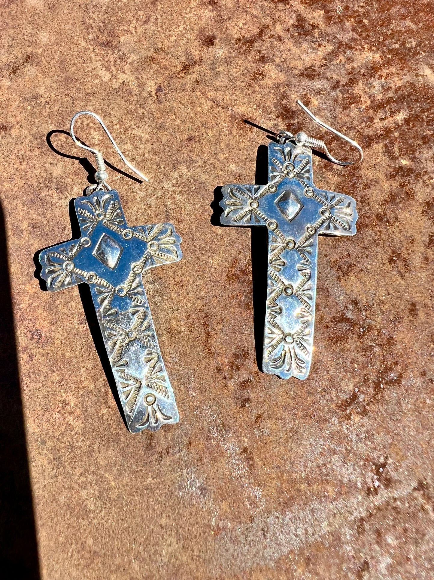 Navajo Handmade by SHAMINIKA WILLIE. Sterling Silver Stamped/Repousse Dangle Cross Earrings