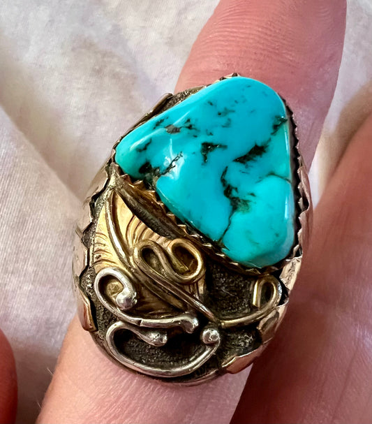 Vintage Chunky Navajo Handmade 12kt Gold Fill, Sterling & Kingman Turquoise Nugget Ring Sz 9.5
