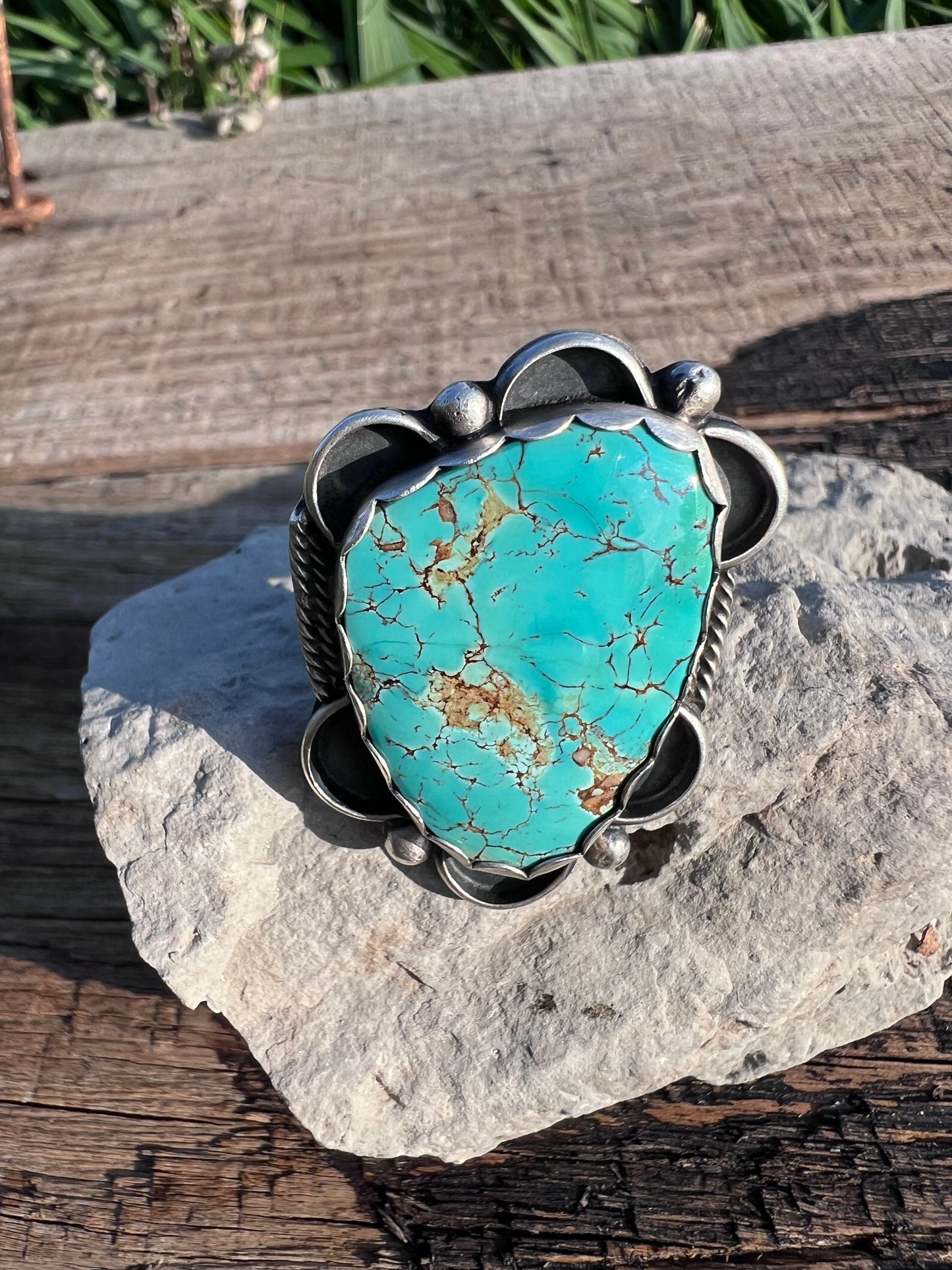 Native American Handmade by Miranda Willie. Sterling & Royston Turquoise Ring Sz Adjustable