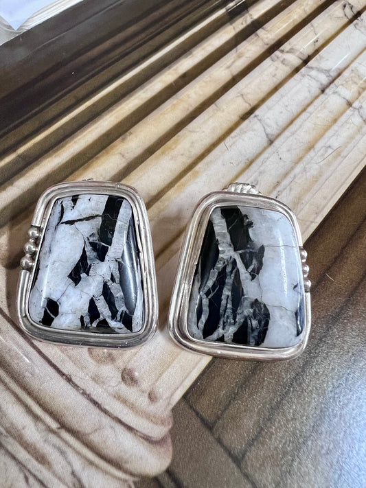 Native Navajo Handmade Large White Buffalo Post Earrings Sz 1.25”x1”