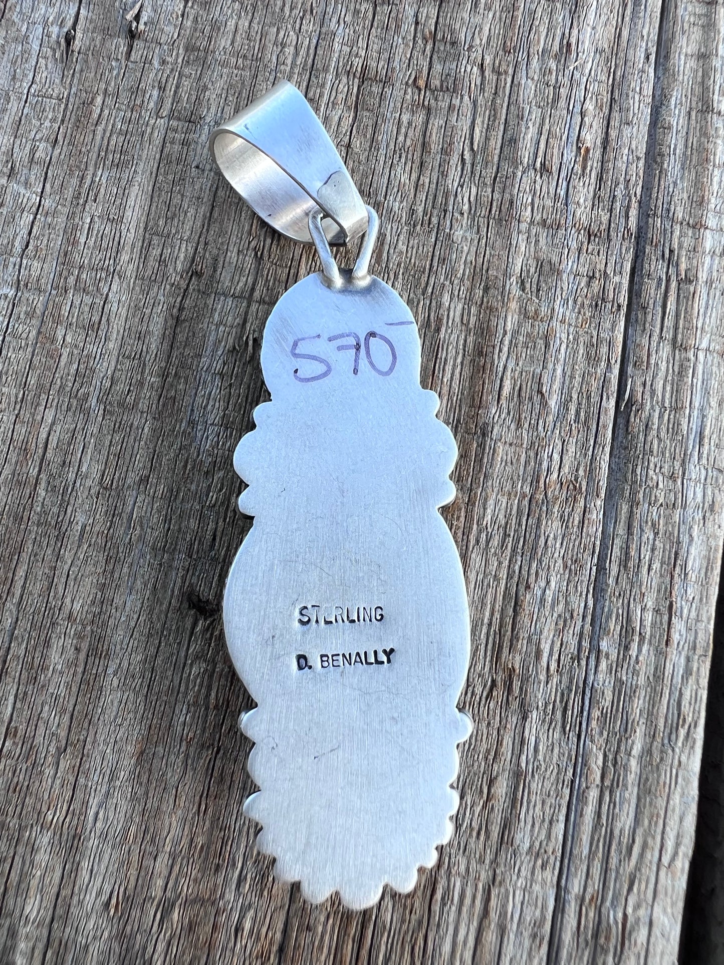 Native American Handmade by D. Benally. Sterling & Carico Lake Turquoise Pendant 3” w/ bale