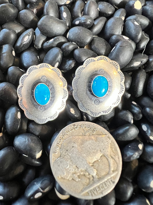 Kingman Turquoise & Sterling Silver Scalloped Oval Concho Post Earrings 7/8” x 3/4”