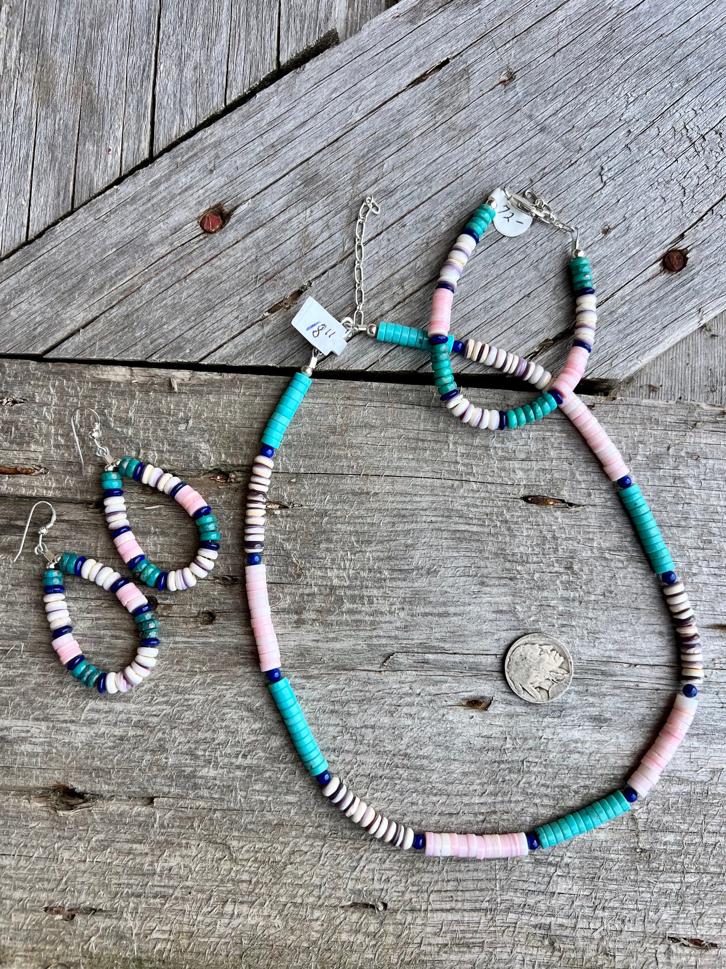 Lapis, Pink Conch, Turquoise, Wampum w/ Sterling Bracelet, Necklace & Earring Set