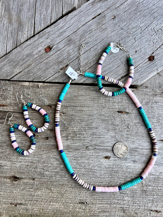 Lapis, Pink Conch, Turquoise, Wampum w/ Sterling Bracelet, Necklace & Earring Set