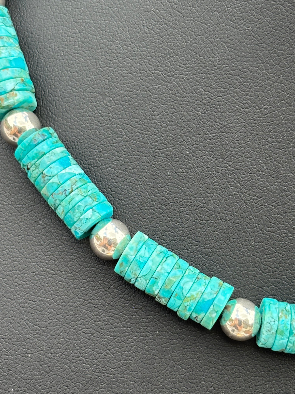 Southwest Hubei Turquoise Heishi & Sterling Silver High-shine Bead Necklace 17”