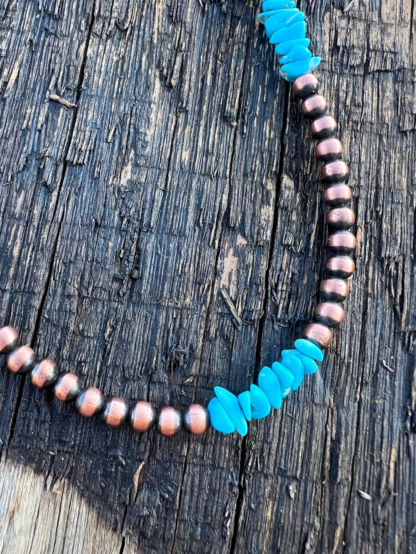 Copper 4mm Beads & Sleeping Beauty Turquoise Chip Necklace 16”-18”