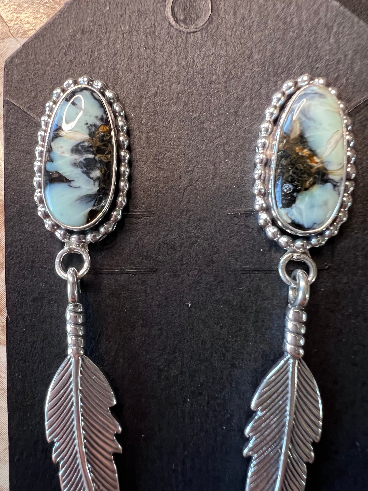Native Navajo Handmade Sterling & New Lander Variscite Dangle Post Earrings 1 3/8”