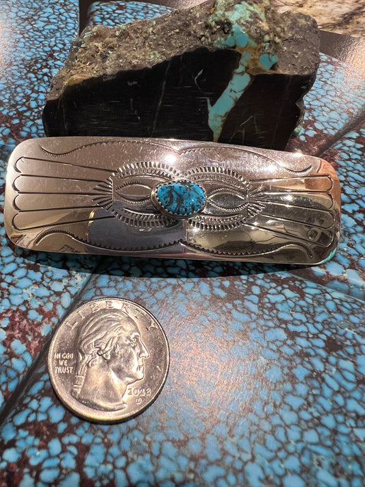 Handmade by Jolene Begay - Sterling & Kingman Turquoise Hair Barrette 3”x1”
