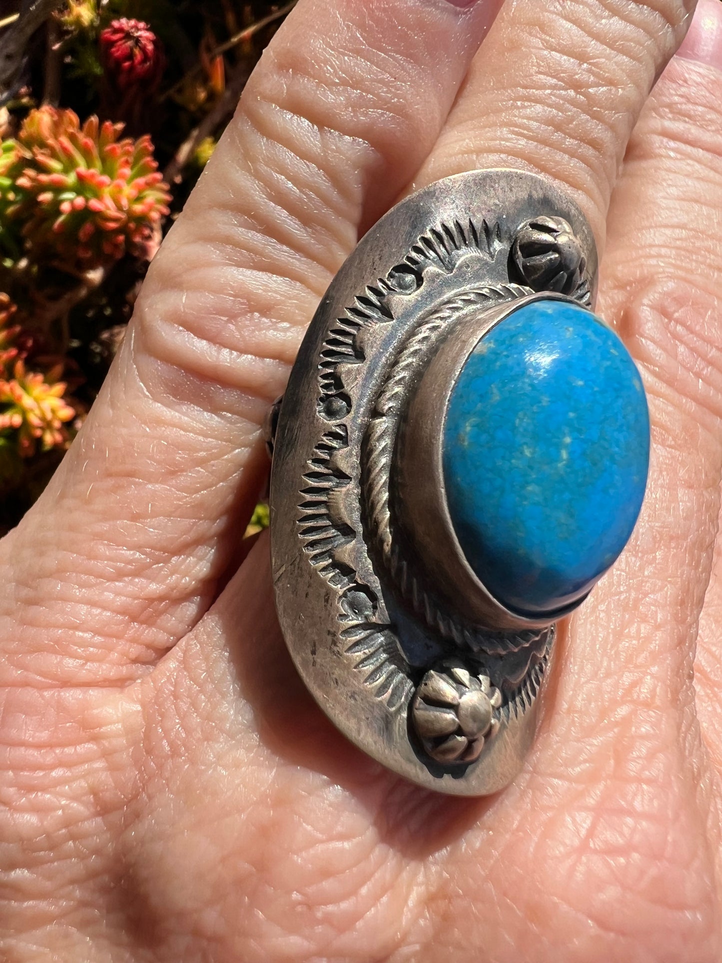 Rare Ceruleite & Sterling Silver Navajo Handmade by Bobby Johnson Sz 6