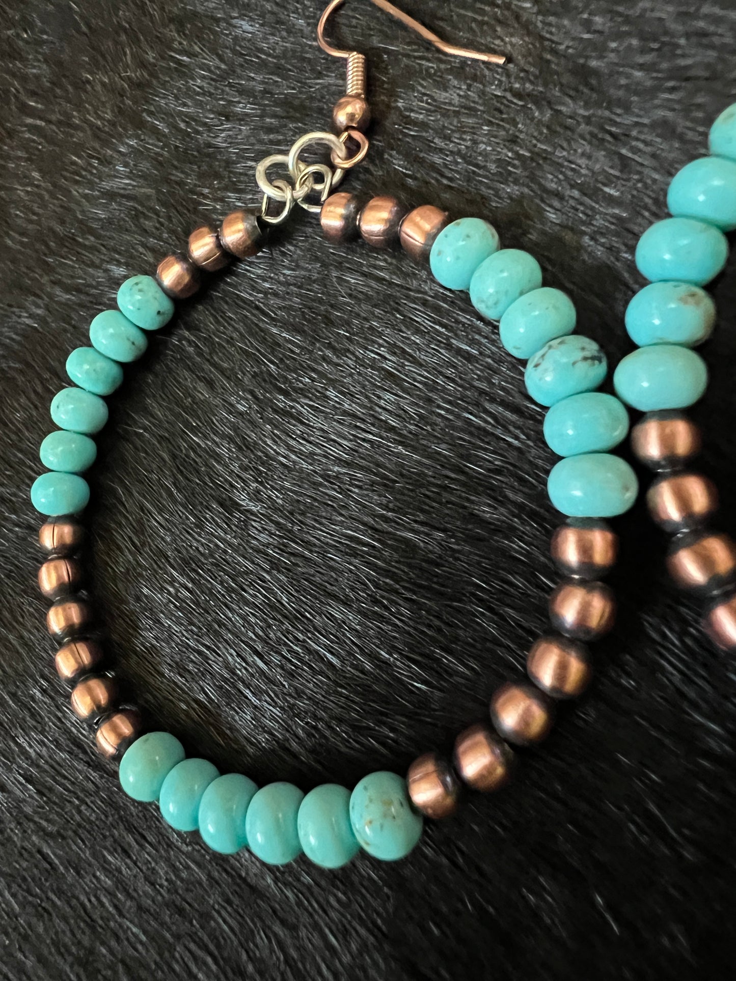 Genuine Copper Bead (4mm) & Campitos Turquoise Bead (5mm) Large Hoop Earrings 3” length