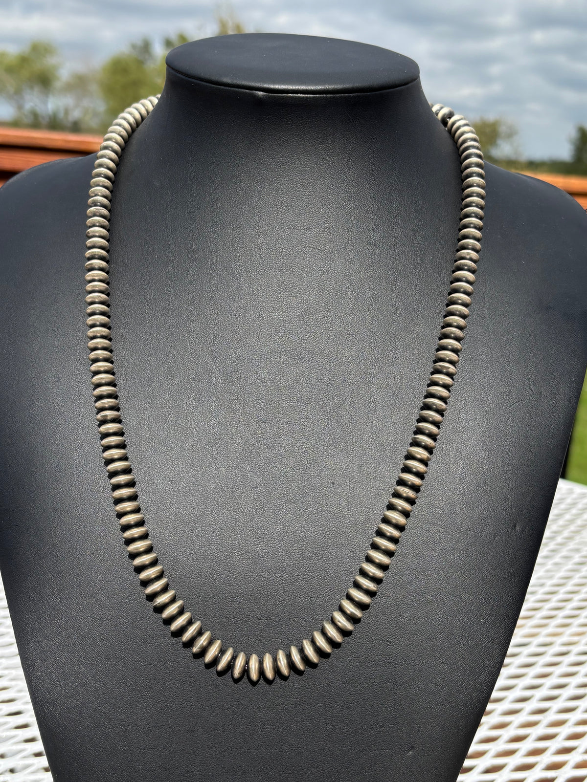 Navajo Pearls Handmade by Bryannen Halwood. Sterling Silver 8mm Saucer Bead Necklace 24”