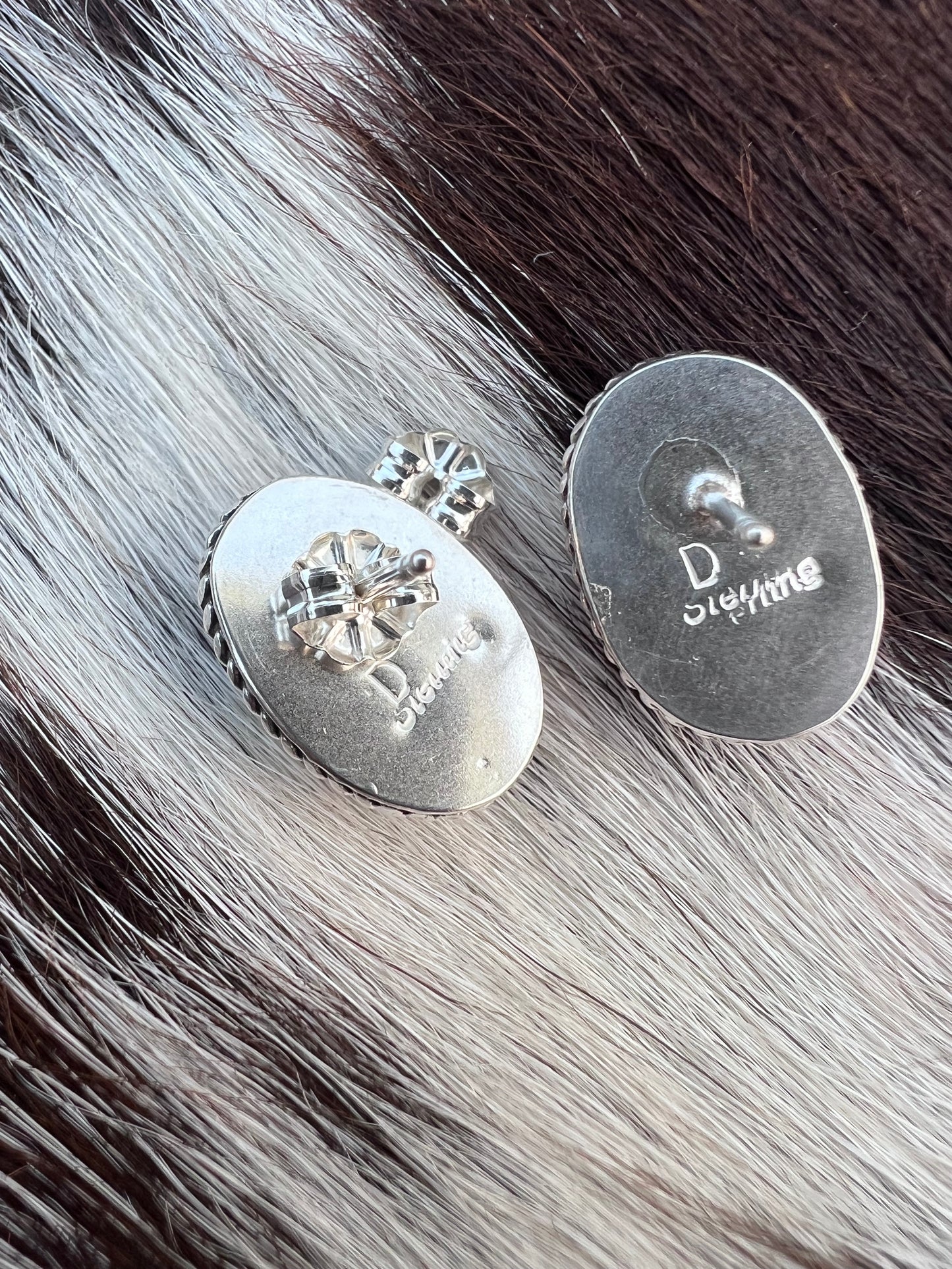 Native American Handmade Sterling & New Lander Variscite Post Earrings .6”x.4”