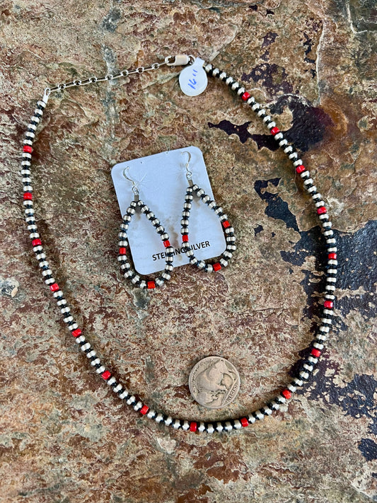 Red Coral & Oxidized Sterling Silver Beads 4mm Earrings 2.25” & Necklace 16”-18”