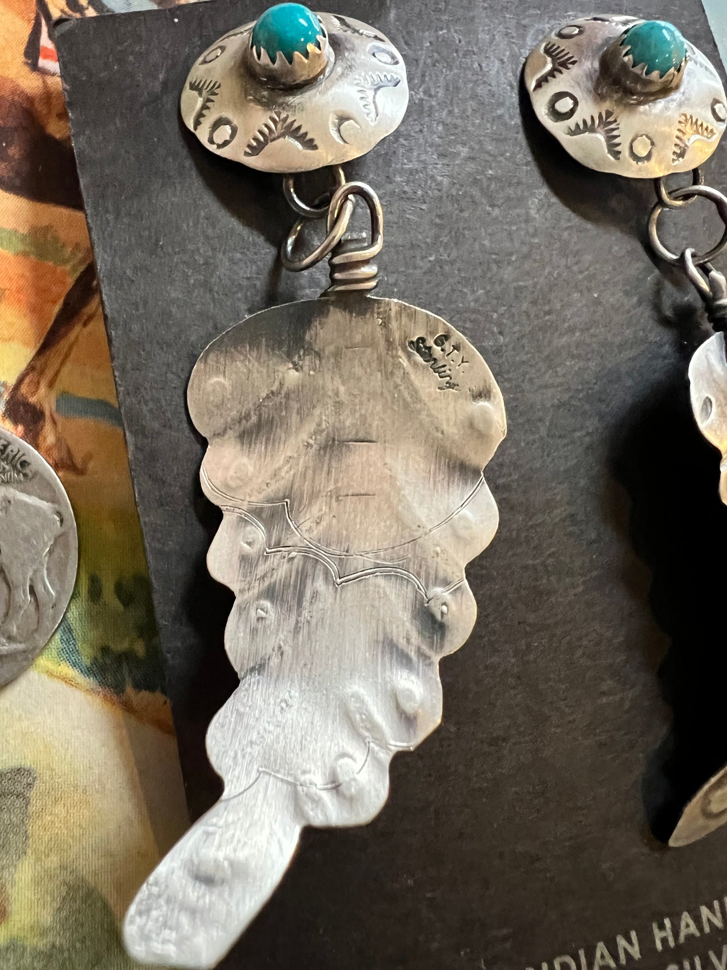 Navajo Handmade by Gabrielle Yazzie. Sterling Feather Turquoise Concho Post Dangle Earrings