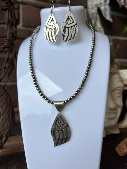Navajo Handmade Sterling Silver Overlay Bear Paw Earrings & Pendant Set