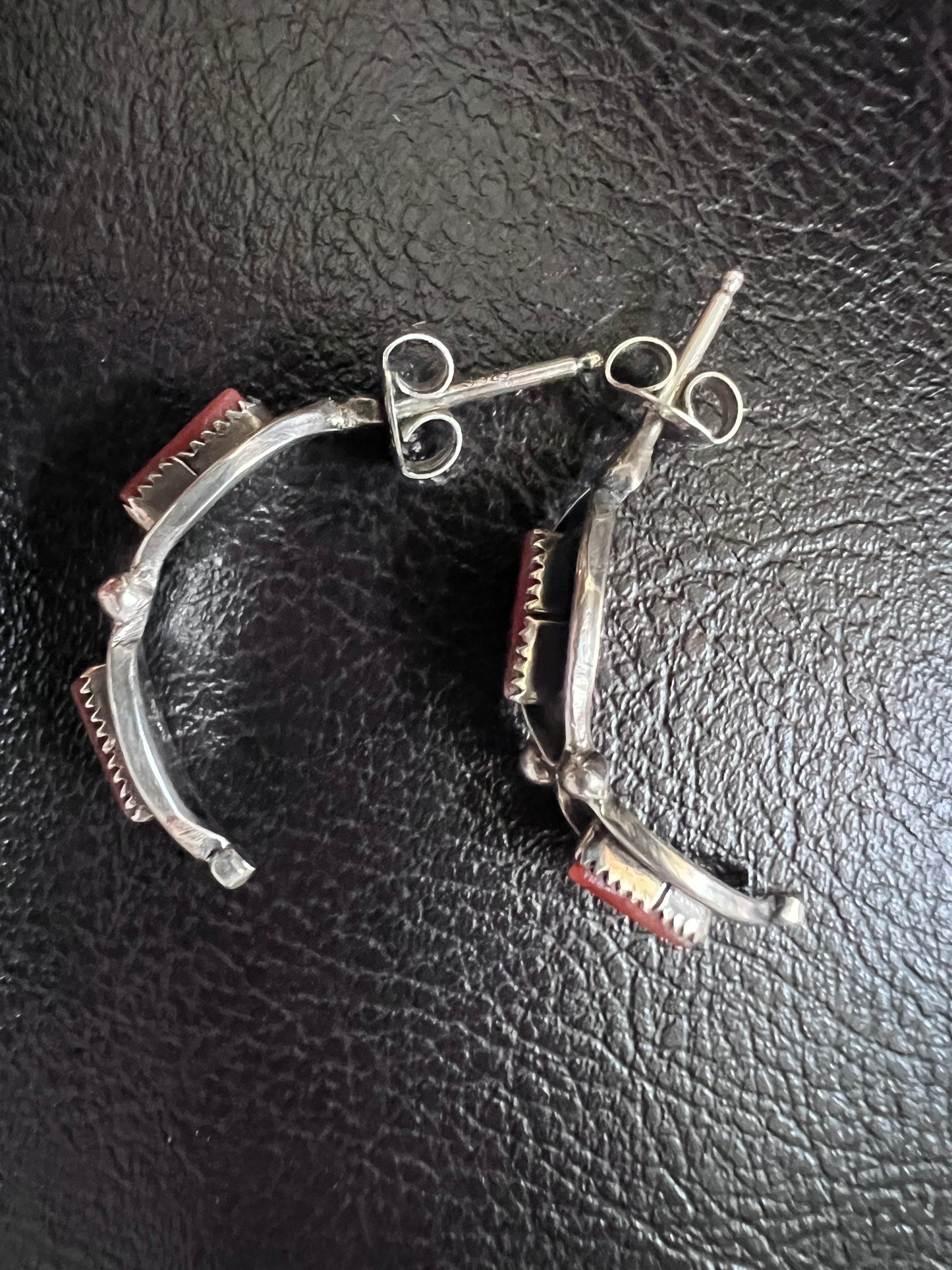 Native Navajo Handmade Red Mediterranean Coral & Sterling Half-hoop Post Earrings 3/4”