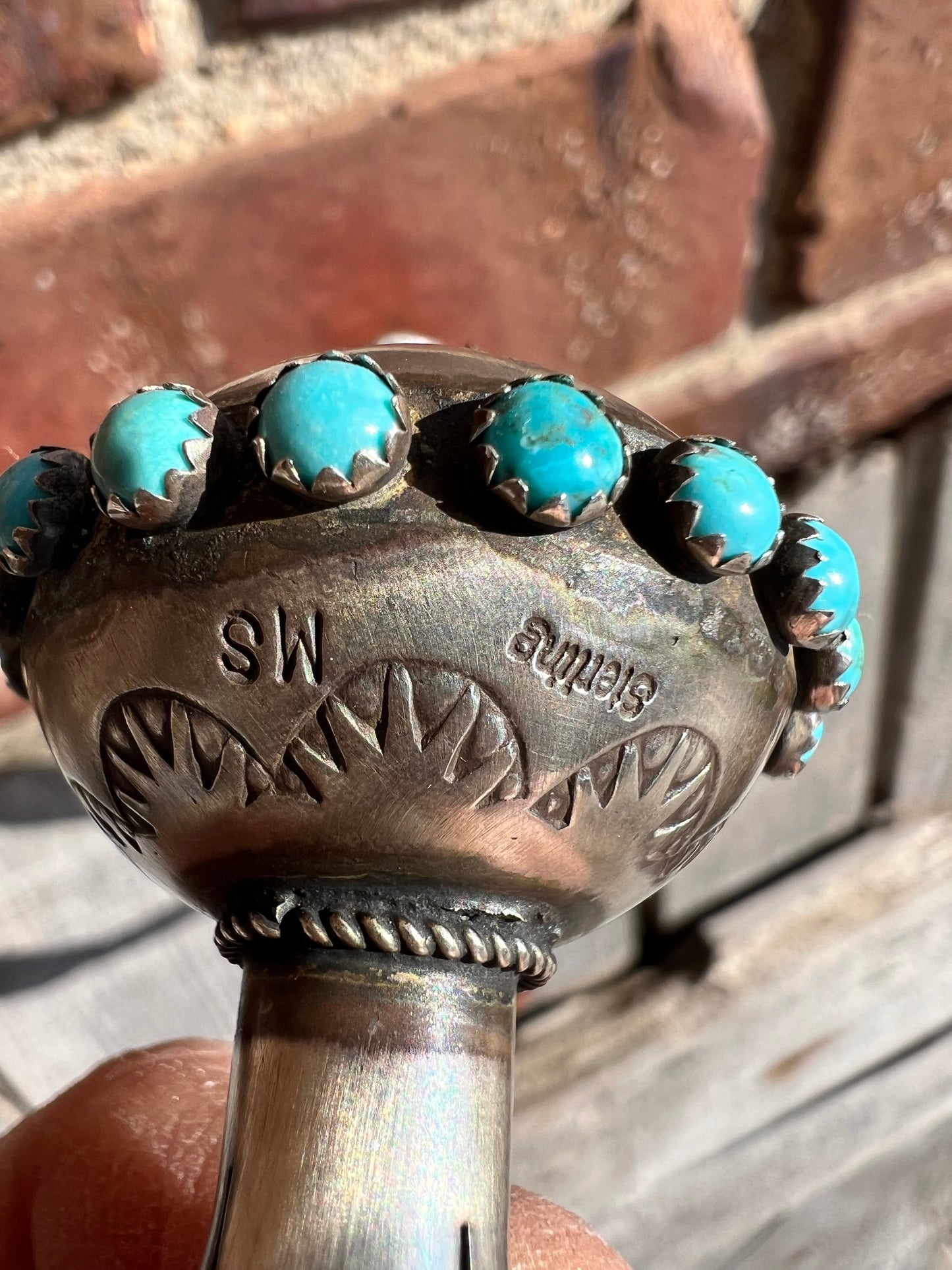 Navajo Handmade by the talented Monica Smith, Sterling Silver & Turquoise Stamped Blossom Pendant 2.4”