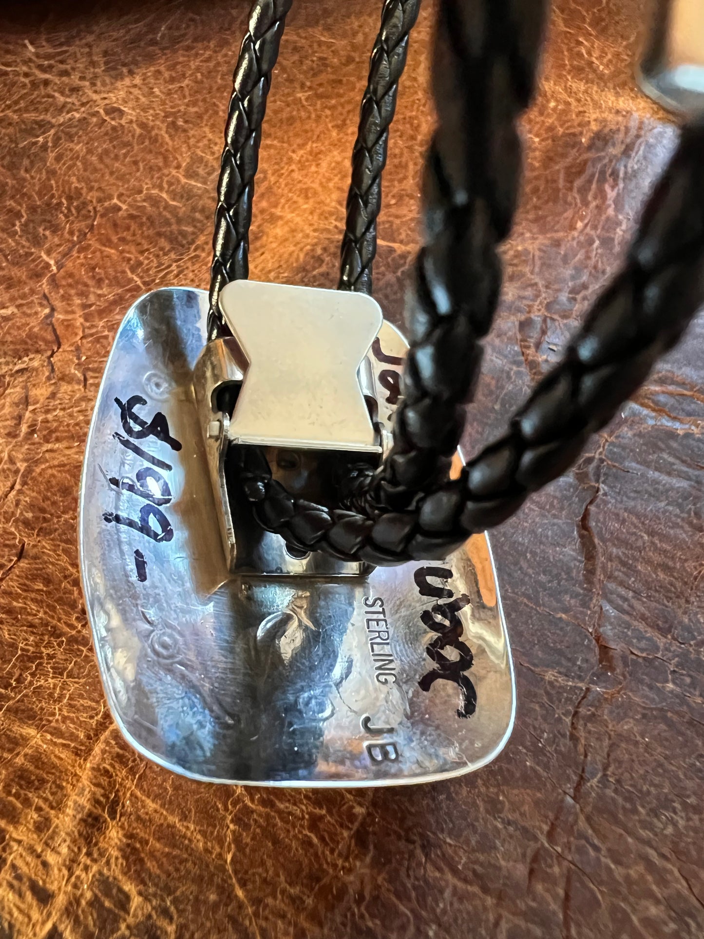 Navajo Handmade Rectangle Sterling Concho with Kingman Turquoise Bolo Necklace by Joann Begay