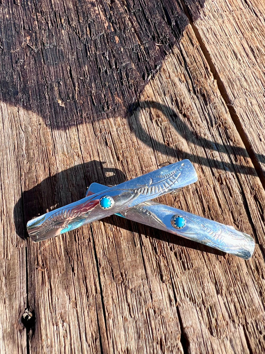 Native Handmade Sterling & Turquoise Pair of Hair Barrettes 2.75”